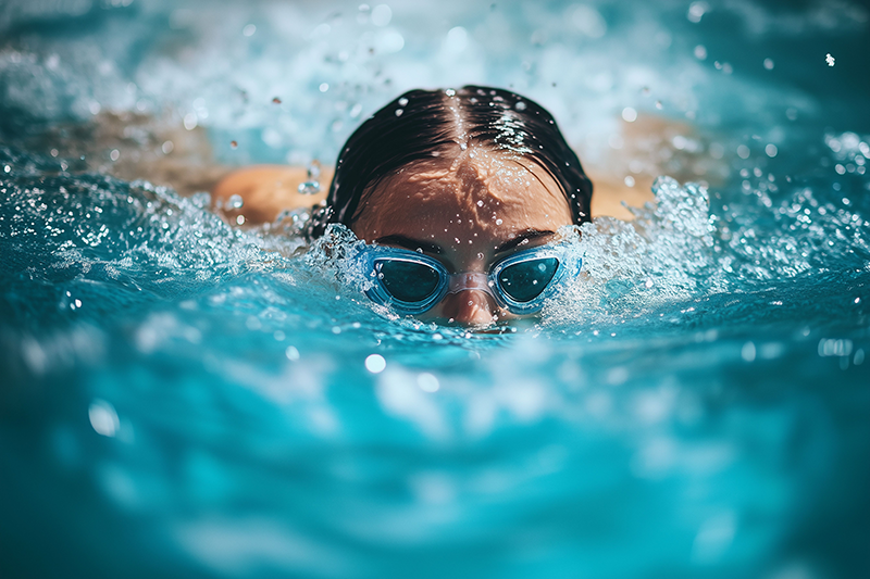 Woman swimming wearing goggles.